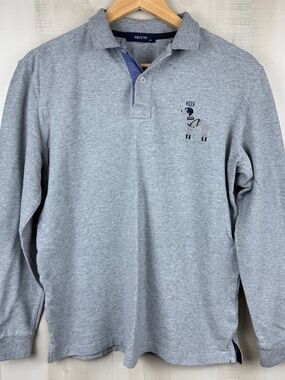 Hazzys Men’s Long Sleeve Polo Shirt Gray Embroidered Dog Wth Crown Logo Small